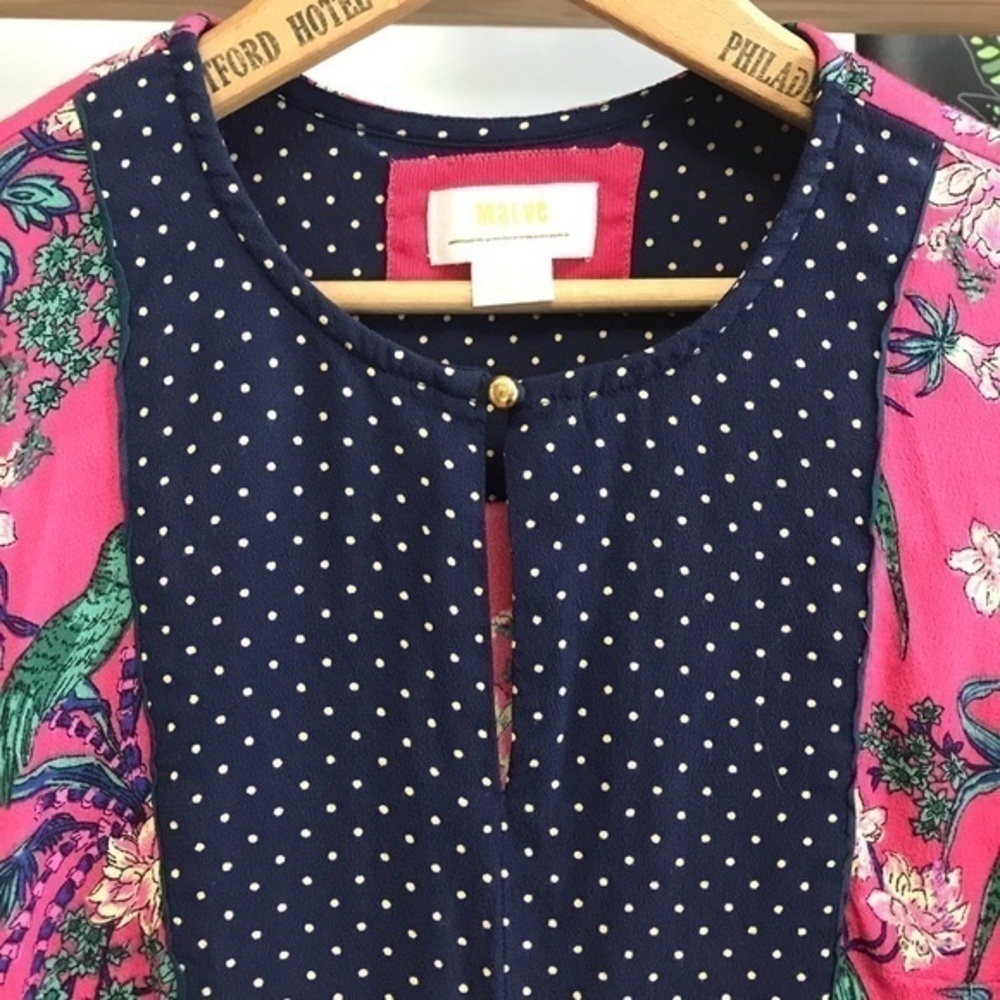 Anthropologie Maeve Pink Navy Blue Floral Bird Print Long Sleeve Tunic Dress 4 - Picture 5 of 13
